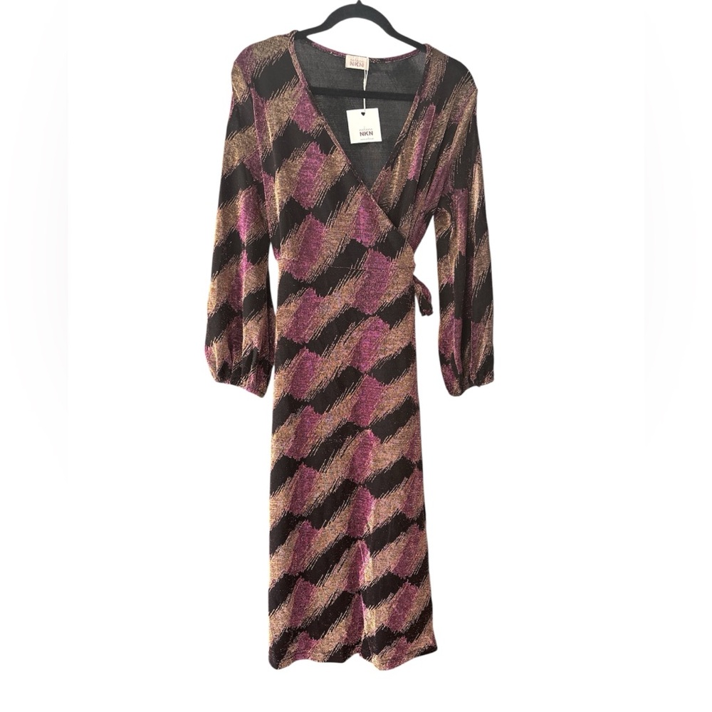 Nekane Wrap Dress Purple Black with Gold Threading Stretch Size L